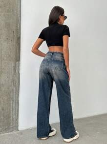 EURMUSE 100% Cotton WOMEN WIDE LEG BELTED MID WAIST JEANS - Medium Wash - View 2