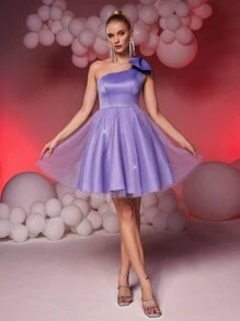SHEIN Belle Elegant Luxurious Purple Cute Asymmetrical Neck Big Bow High Waist Homecoming Dress, Suitable For Wedding, Graduation, Vacation, Party, Prom Dress, Semi Formal Dress, For Birthday, Wedding Guest