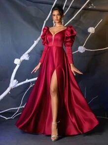 Glamrae 勃艮第红色优雅缎面勃艮第红色羊腿袖网眼甜心领骨高腰喇叭形长礼服，侧高开衩，长袖舞会晚礼服，适合婚礼嘉宾、毕业典礼、晚宴 - 酒紅色 - 查看 4
