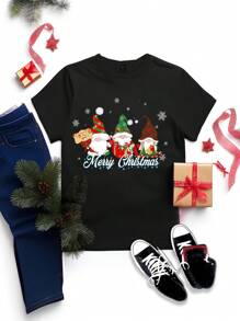 SHEIN EZwear T-shirt à manches courtes, col rond, avec un simple graphique du Père Noël. grande taille, décontracté, pour l'été