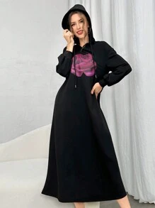 Modelyn Áo hoodie rút dây họa tiết hoa dành cho nữ, Áo nỉ thời trang thường ngày - màu đen - Xem 6