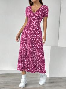 SHEIN PETITE Women's V-Neck Short Sleeve Floral Maxi Casual Dress (Random Cut) - Multicolor - View 5