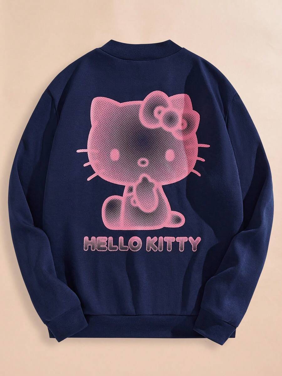 HELLO KITTY AND FRIENDS | SHEIN 男女通用 1 件休闲卡通字母印花套头衫，春秋季 - 藏蓝色 - 查看 1