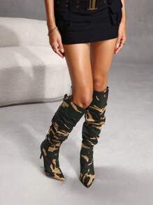 CUCCOO SZL Women's Fashion Camo High-Heel Tall Boots Christmas Fall