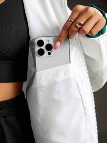 Streetz SHEIN Sport Front Zipper Long Sleeve Solid Color Patchwork Letter Print Sports Jacket, Casual Daily Wear - White - View 9