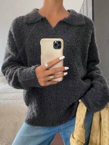 DAZY Oversized Casual Basic Long Sleeve Polo Neck Sweater,Fall Women Clothes - Black - View 3