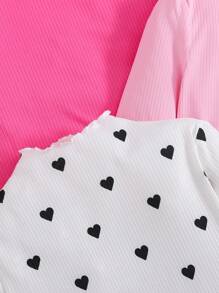 SHEIN 3件套少女纯色高领爱心图案休闲长袖T恤套装，适合学校、校园、学院风秋冬穿着 - 西瓜粉 - 查看 6