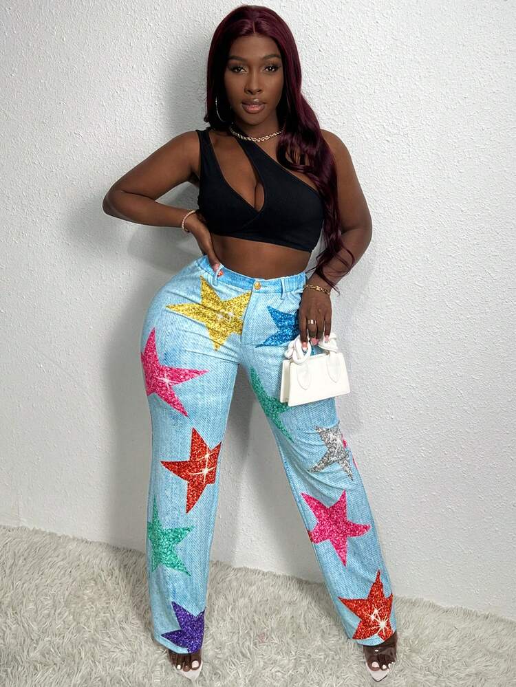 Women's Star Print Denim Effect Pants