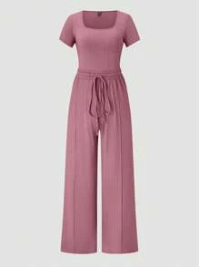 SHEIN Unity Plus Size Women Summer Solid Color Square Neck Short Sleeve Casual Bodysuit And Belted Pants Set - Pink - View 4
