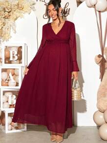 Loomaby Gender Reveal Dress Burgundy Maternity Spring/Autumn Elegant Solid Color Bell Sleeve Dress For Baby Shower Party - Burgundy - View 7