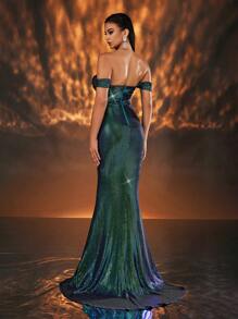 Glamrae Elegant And Gorgeous Dark Green Off-The-Shoulder Stretch Sequin Knit Push-Up And Tight Boned High Waist Mermaid Dress, Suitable For Prom, Wedding Party, Evening Party Prom Dinner Dress (Heavy Industrial Style), Formal Gown, For Wedding Guest, Graduation
