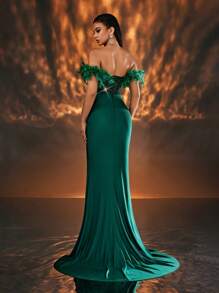 Glamrae 优雅奢华深绿色露肩毛绒袖透明亮片拼布弹力开衩美人鱼礼服正式礼服适合婚礼、派对、毕业典礼、庆典、正式活动（带羽毛袖口的装饰设计）、舞会晚礼服、婚礼宾客、晚宴礼服