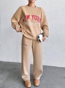 SHEIN Cottnline Cotton Casual, Text Print, Easy To Style, Simple, Daily Wear, Sweatshirt & Sweatpants 2pcs Set - Beige - View 6