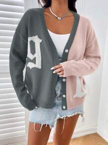 SHEIN Unity Cardigan à manches longues avec imprimé blocs de couleurs pour femmes