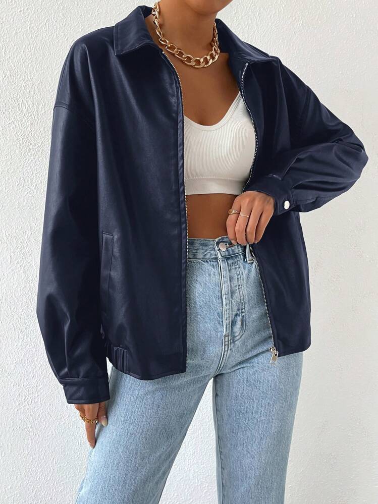 SHEIN EZwear Drop Shoulder Zip Up PU Cropped Leather Jacket
