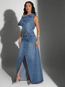 Denimoi Off Shoulder Split Front Denim Dress - Medium Wash - View 4