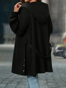 EMERY ROSE Plus Size Women's Solid Color Long Sleeve Casual Cinched Waist Hooded Coat, Fall/Winter - Black - View 2