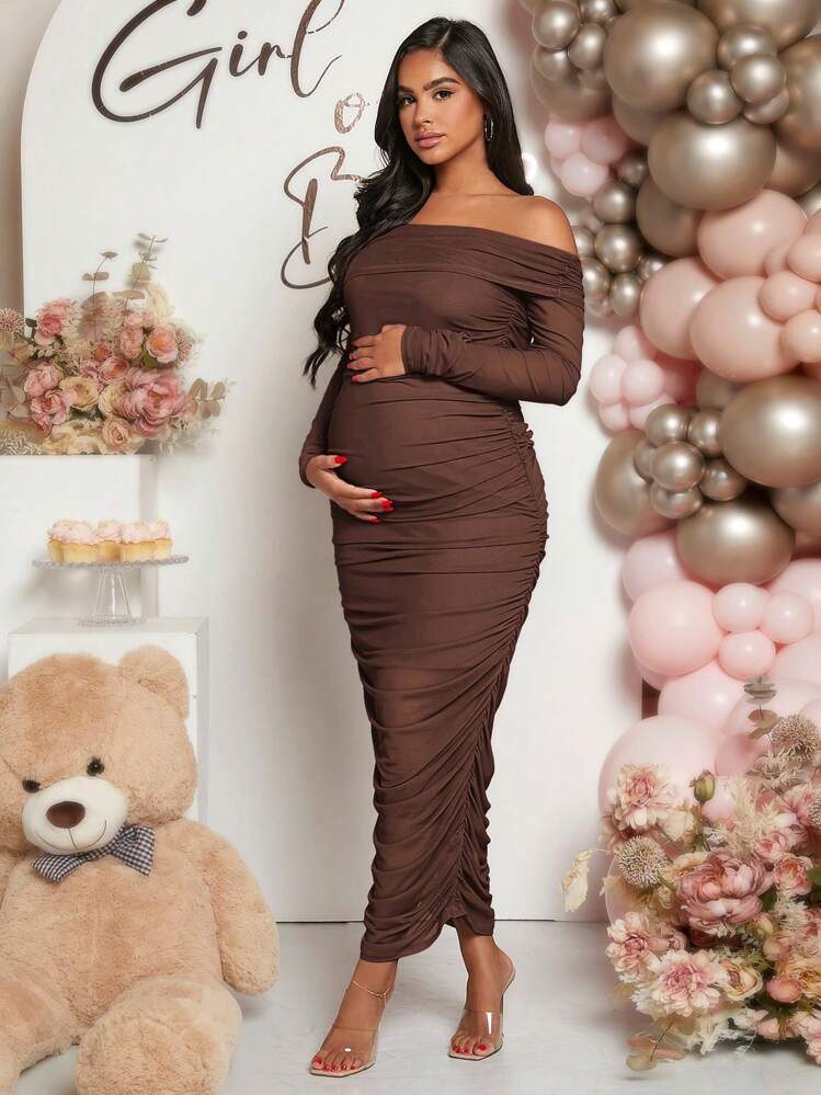 Loomaby Maternity Long Sleeve Frill Off-Shoulder Solid Color Dress, Spring  Summer, For Baby Shower | SHEIN USA