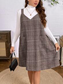 SHEIN LUNE Plus Size Women's Plaid Strap Dress, Autumn & Winter Business Casual Woman Work Dress Business Dress