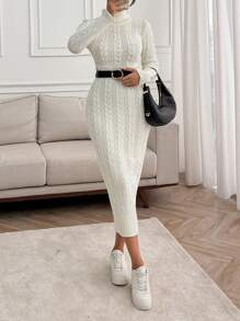SHEIN Cottnline Elegant Cable Knit Pattern Long Fitted Sweater Dress, Autumn Winter - Beige - View 4