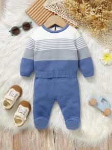 SHEIN 男婴圆领纯色拼接毛衣和裤子休闲装 - 藍色 - 查看 3