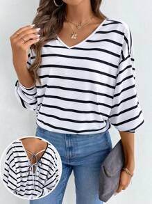 Chiquease Áo thun sọc cổ chữ V thả vai rộng rãi cho nữ, mùa xuân và mùa hè - trắng - Xem 1