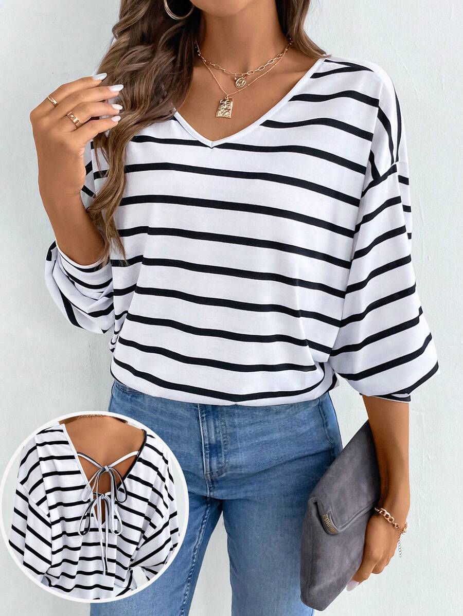 Chiquease Áo thun sọc cổ chữ V thả vai rộng rãi cho nữ, mùa xuân và mùa hè - trắng - Xem 1