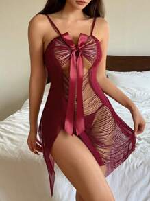 DAZY Bộ 2 món đồ lót gợi cảm bằng vải lưới xuyên thấu, có tua rua, gồm áo ngủ và quần lọt khe, màu đỏ, thích hợp cho phụ nữ đi chơi. - Màu Đỏ Sâu - Xem 5