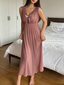 DAZY Váy ngủ lưới ren tương phản gợi cảm cho nữ có nơ trang trí - Bụi hồng - Xem 3