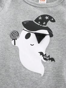 Cozy Pixies 2pcs Newborn Baby Boy Halloween Ghost Pattern Knit Soft Round Neck Romper & Footed Pants Fall Set