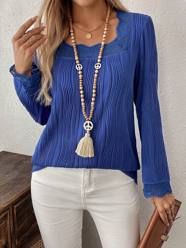 Women's Solid Color Long Sleeve T-Shirt With Lace Collar
