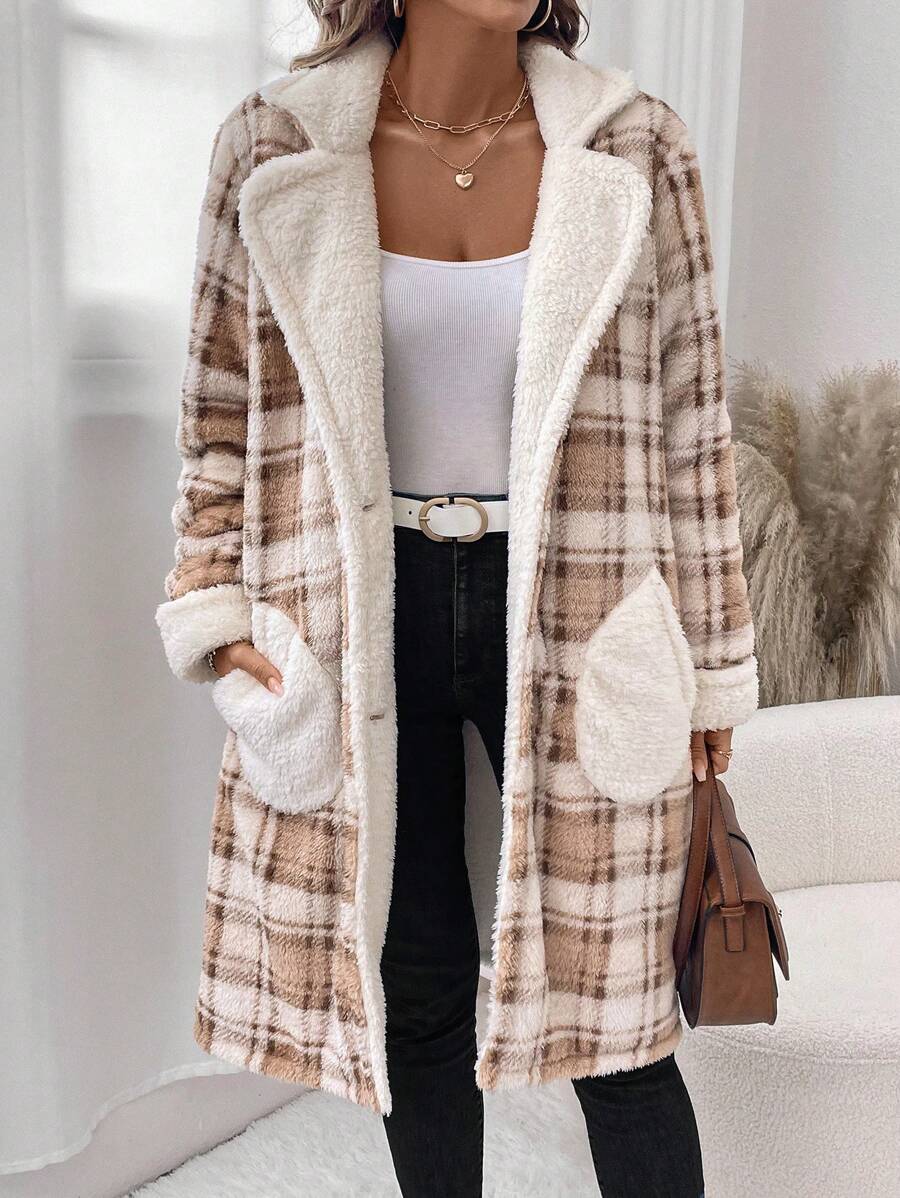 SHEIN LUNE Women's Regular Plaid Fleece Long Jacket For Autumn & Winter