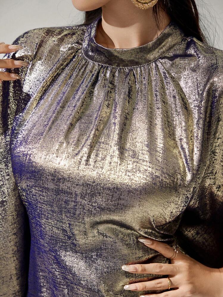 Al Najma Women's Metallic Stand Collar Bell Sleeve Stylish Turkish Modest Long Sleeve Dress Kaftan Arabian Dress - Navy Blue - View 8