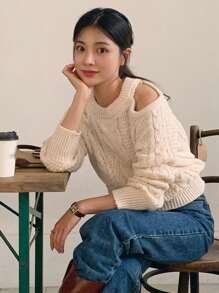 DAZY Suéter de mujer de cuello redondo con hombros abiertos y punto de canalé para otoño