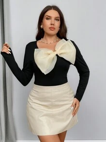 Firerie Áo thun dệt kim nơ màu tương phản cỡ lớn dành cho nữ, màu đen - Nhiều màu - Xem 3