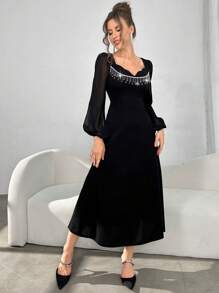 Modelyn Women's Spring & Summer Rhinestone Embellished Scoop Neck Mesh Lantern Sleeve Dress - Black - View 5