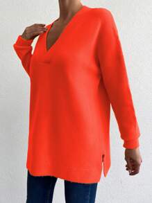 EURMUSE V Neck Drop Shoulder Sweater - Orange - View 4