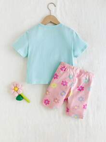 Cozy Pixies 2 件彩色花卉字母印花圆领落肩上衣和休闲短裤套装，适合年轻女孩