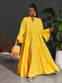 Slaydiva 大码女士度假休闲宽松飘逸 A 字形连衣裙 - 芥末黃 - 查看 1