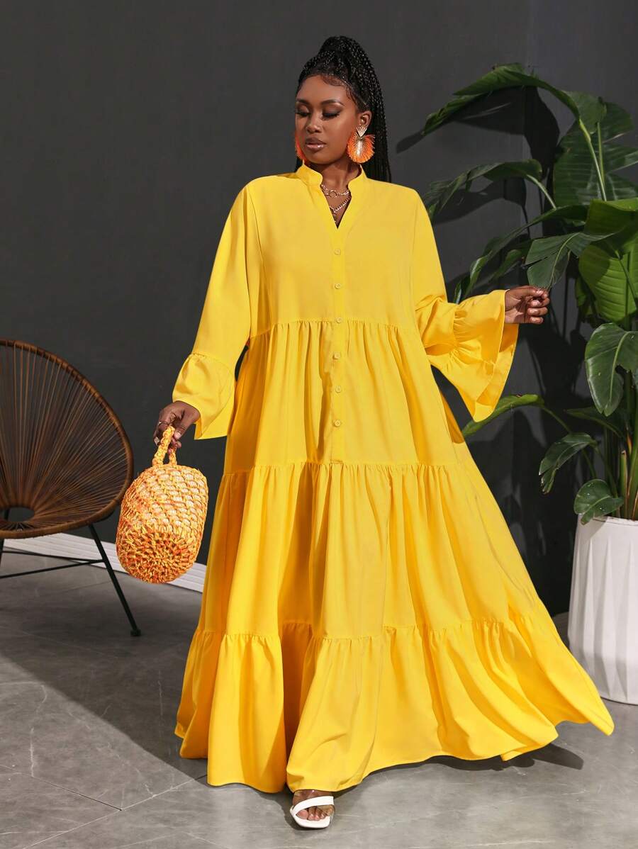 Slaydiva 大码女士度假休闲宽松飘逸 A 字形连衣裙 - 芥末黃 - 查看 1