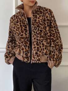 DAZY Veste régulière pour femmes doublée thermique imprimé léopard, imprimé guépard automne/hiver, doublée thermique - Tabac - Voir 1