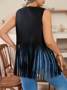 LUNE Cazadora sin mangas de unicolor para talla grande, de moda para el verano - Negro - Ver 2