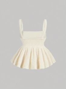 SHEIN MOD Áo ba lỗ phong cách búp bê co giãn bằng len pha trộn, viền xếp nếp màu kem, vải jacquard thêu nhung, áo dạ hội, trang phục đi du ngoạn cho phụ nữ, áo đồng quê, áo thu/đông, áo sinh nhật, - Màu vàng - Xem 2
