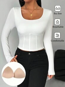 Chiquease Fitted Scoop Neck Long Sleeve T-Shirt With Padded Bust