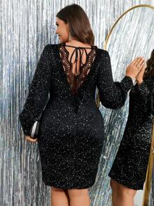 SHEIN Clasi Váy sequin hở lưng cổ chữ V ren cỡ lớn cho nữ - màu đen - Xem 1