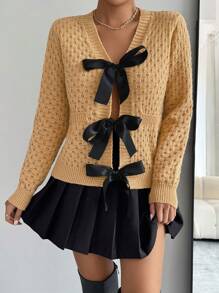 SHEIN LUNE 杏色蝴蝶結裝飾休閒寬鬆女式針織開衫