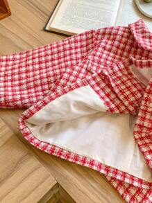 Blossori 2pcs/Set Young Girls French Elegant Red & White Plaid Woven Jacket And Skirt Suit Set, Autumn Winter - Pink - View 8