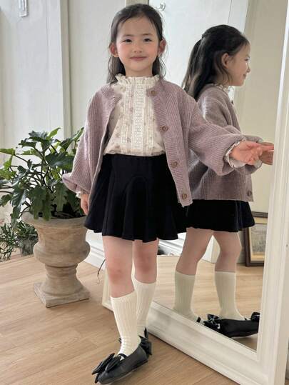 Dazy Kids Young Girl Solid Color Drop Shoulder Long Sleeve Single-Breasted Casual Cardigan, Autumn/Winter