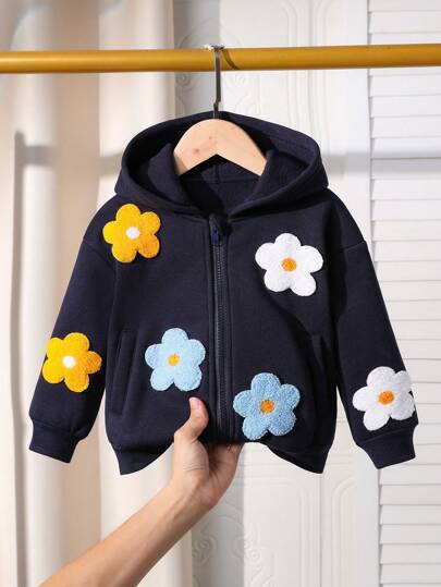 SHEIN 年轻女孩休闲基本度假可爱彩色花卉图案深蓝色清新时尚圆领运动衫，适合秋季、冬季、休闲、居家、户外、野餐、家庭聚会、学校