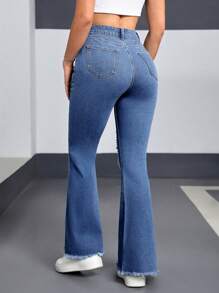 SHEIN EZwear Damen Jeans mit Teddybär-Motiv, Knopfleiste vorne, mehreren Taschen, Used-Look, ausgefranster Kante